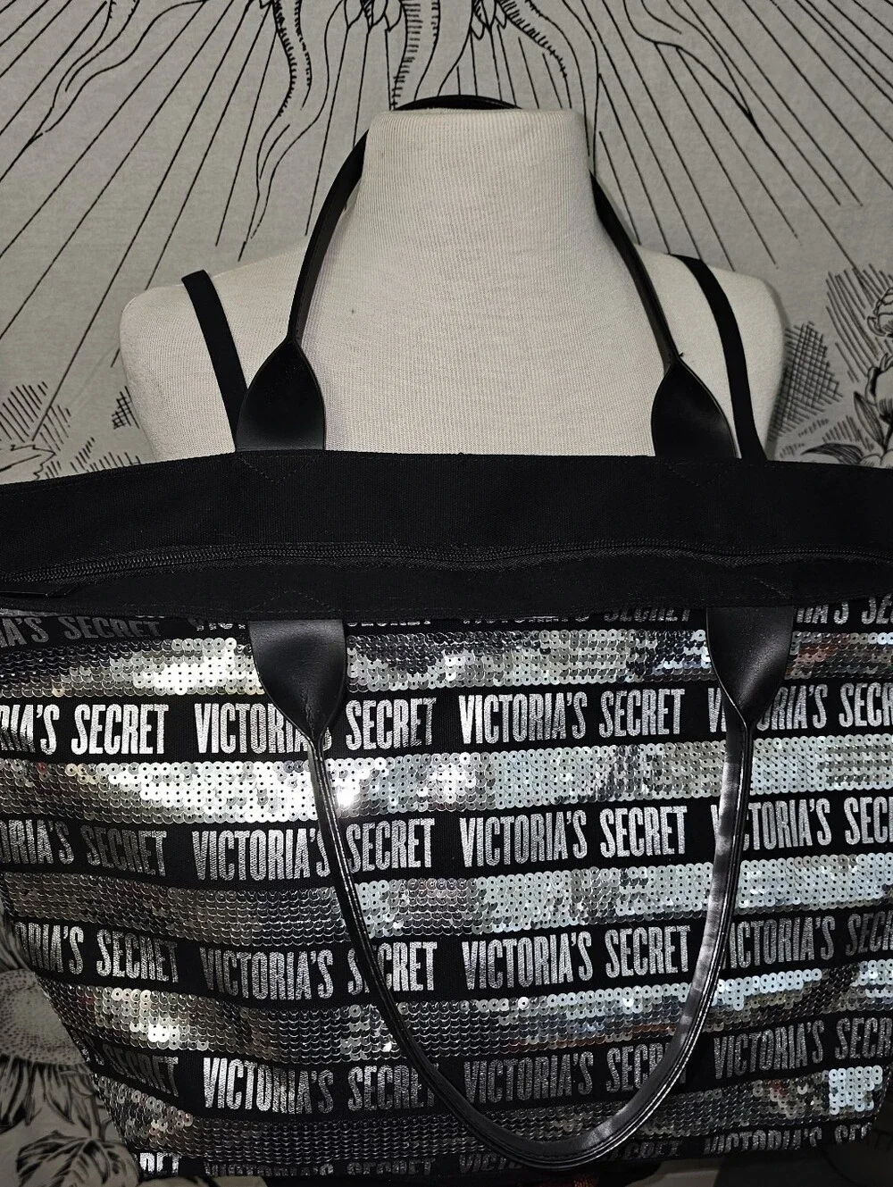 Black W/ Silver Sequins Victoria's Secret Tote 22x13x6